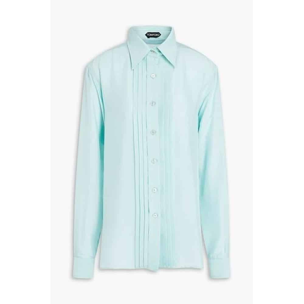 Tom Ford o1loc1c1025 HSA001 Pleated Silk Chiffon Shirt in Sky Blue Size US XL / EU 56 / 4 - 1 Thumbnail