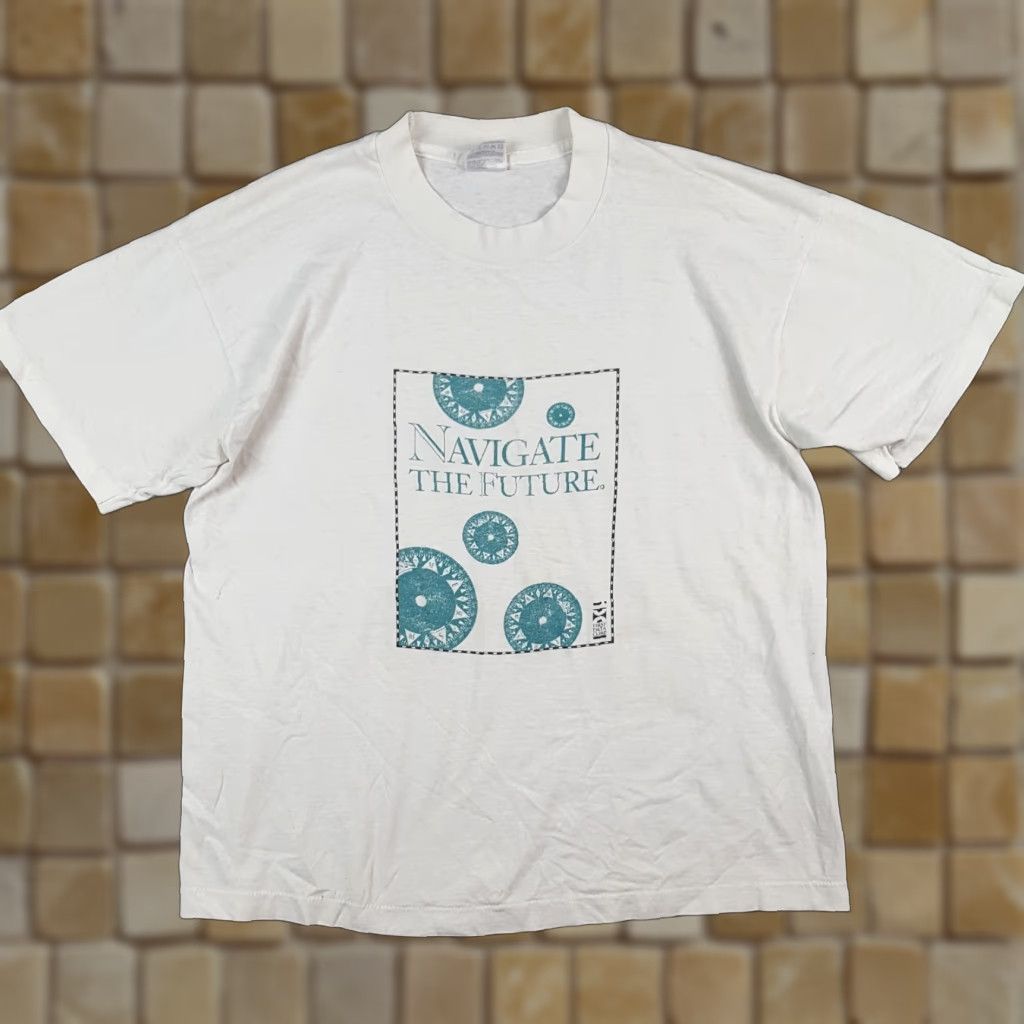 Fruit Of The Loom VINTAGE Fruit of the Loom T-Shirt Mens L 90s Navigate The Future Tech Tee White Cotton Embroidered Logo Retro Technology IT Shirt Size US L / EU 52-54 / 3 - 1 Thumbnail