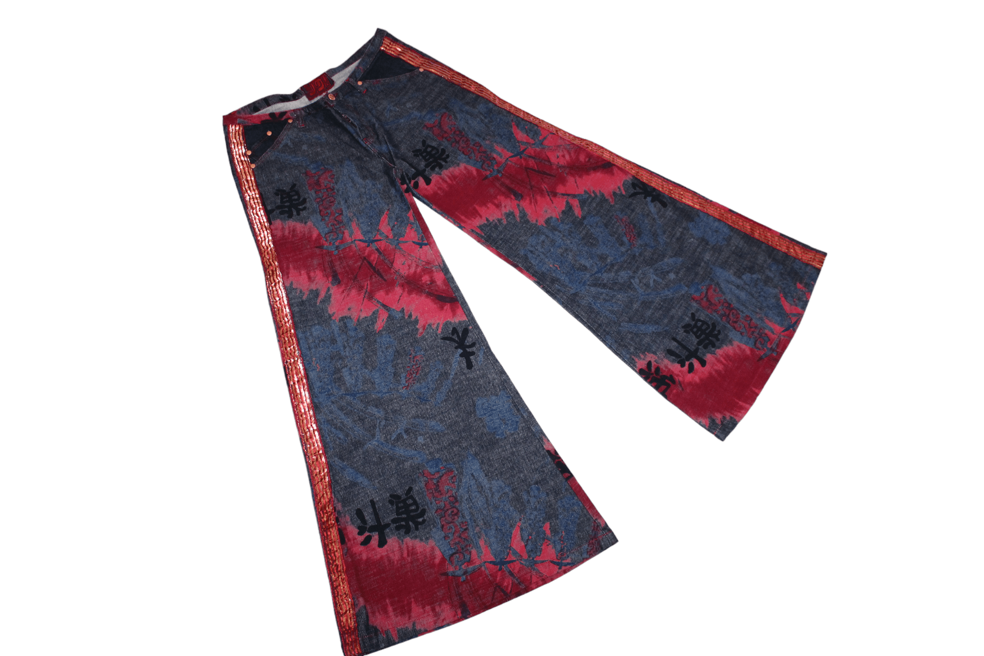 If Six Was Nine 💥YO! Japan Artwork Gold Taped Trim Crazy Flared Rap Jeans Size US 32 / EU 48 - 13 Thumbnail