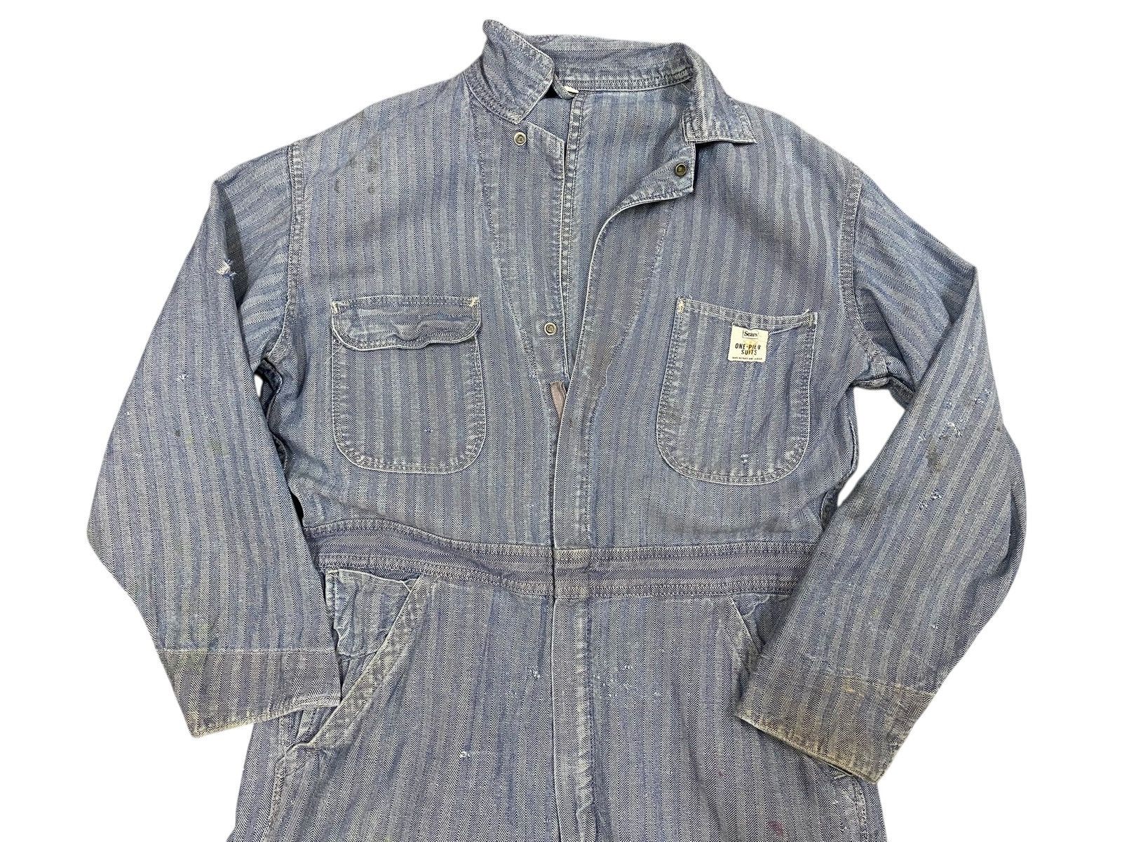 Sears VTG 40s Sears HBT Herringbone Thrashed Striped Jumpsuit Size US 43 - 6 Thumbnail
