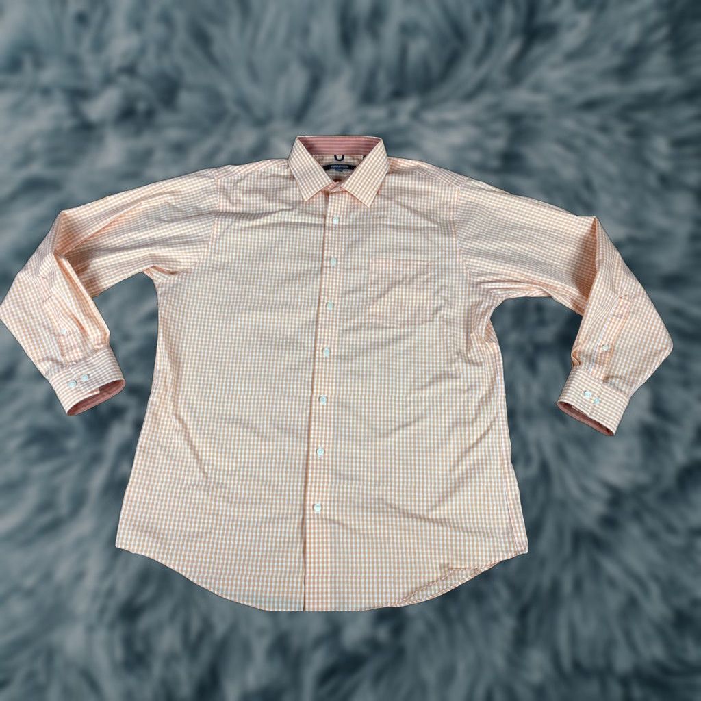 Kenneth Cole KENNETH COLE REACTION Dress Shirt Non-Iron Orange Checkered L 16.5 34/35 Mens Size 42R - 1 Thumbnail