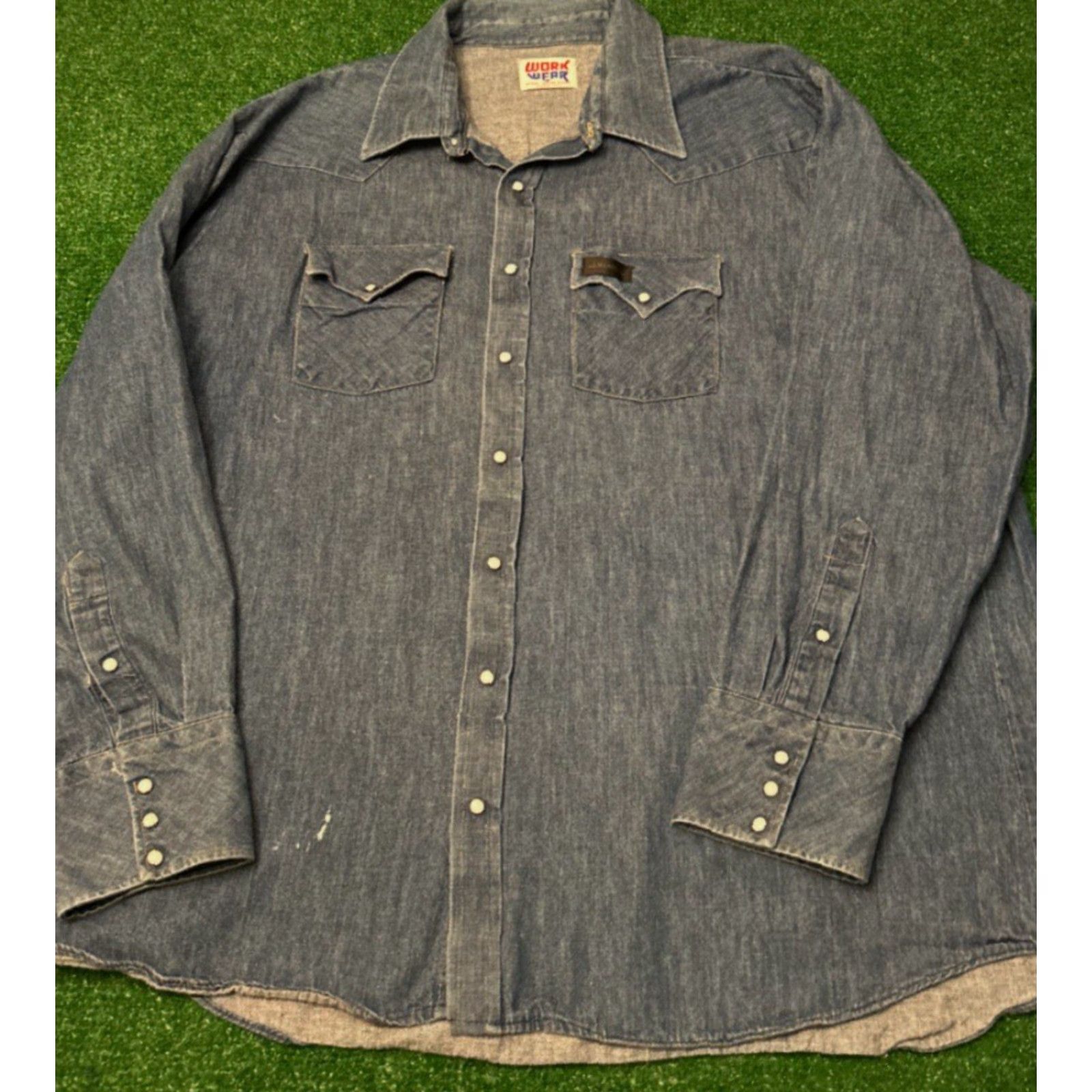 Denime VINTAGE Work Wear Denim Pearl Snap Button Up Shirt Mens 2XL USA Western 60s 70s True VTG Shirt Mens XXL Blues Size US XXL / EU 58 / 5 - 2 Thumbnail