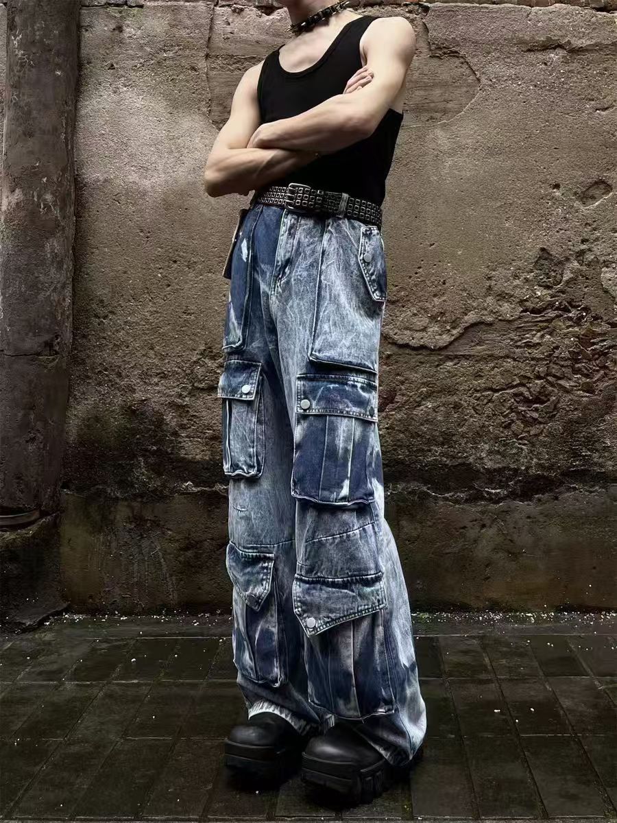 Vintage Multi-Pocket Tie-Dye Gradient Work Jeans
