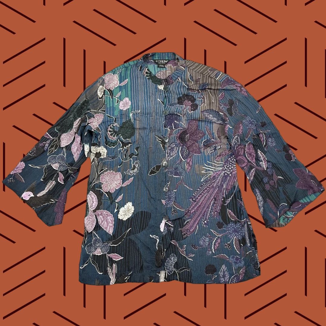 Vintage Citron Silk Art to Wear Floral Asian Mandarin Collar Button Up Blouse Women M/L Size M / US 6-8 / IT 42-44 - 1 Thumbnail