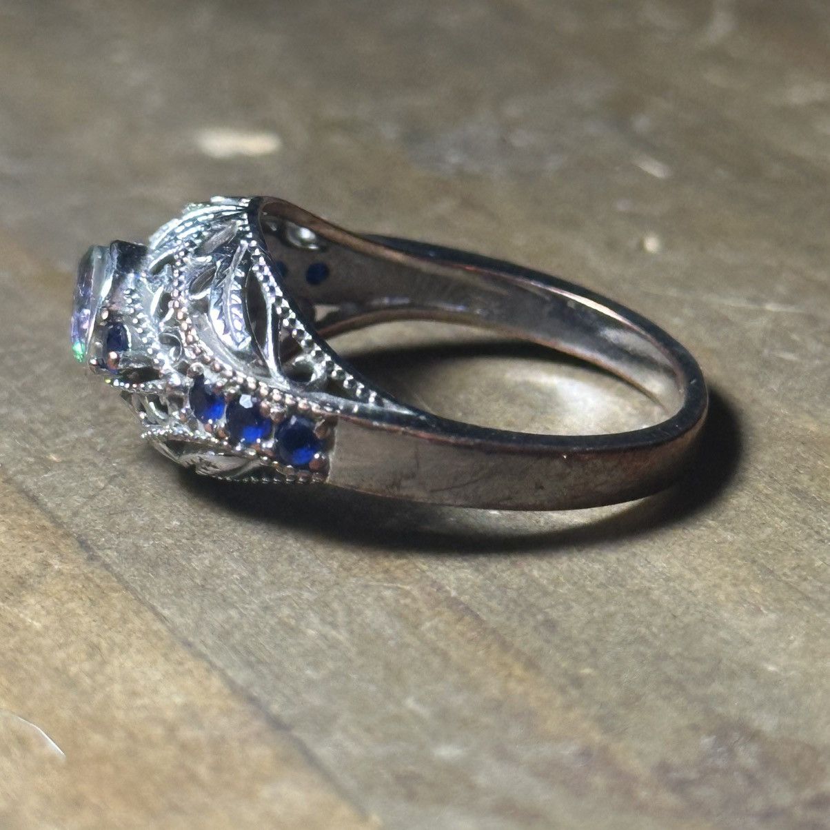 Vintage Vintage silver tone AB and blue rhinestone filigree ring Size ONE SIZE - 7 Thumbnail
