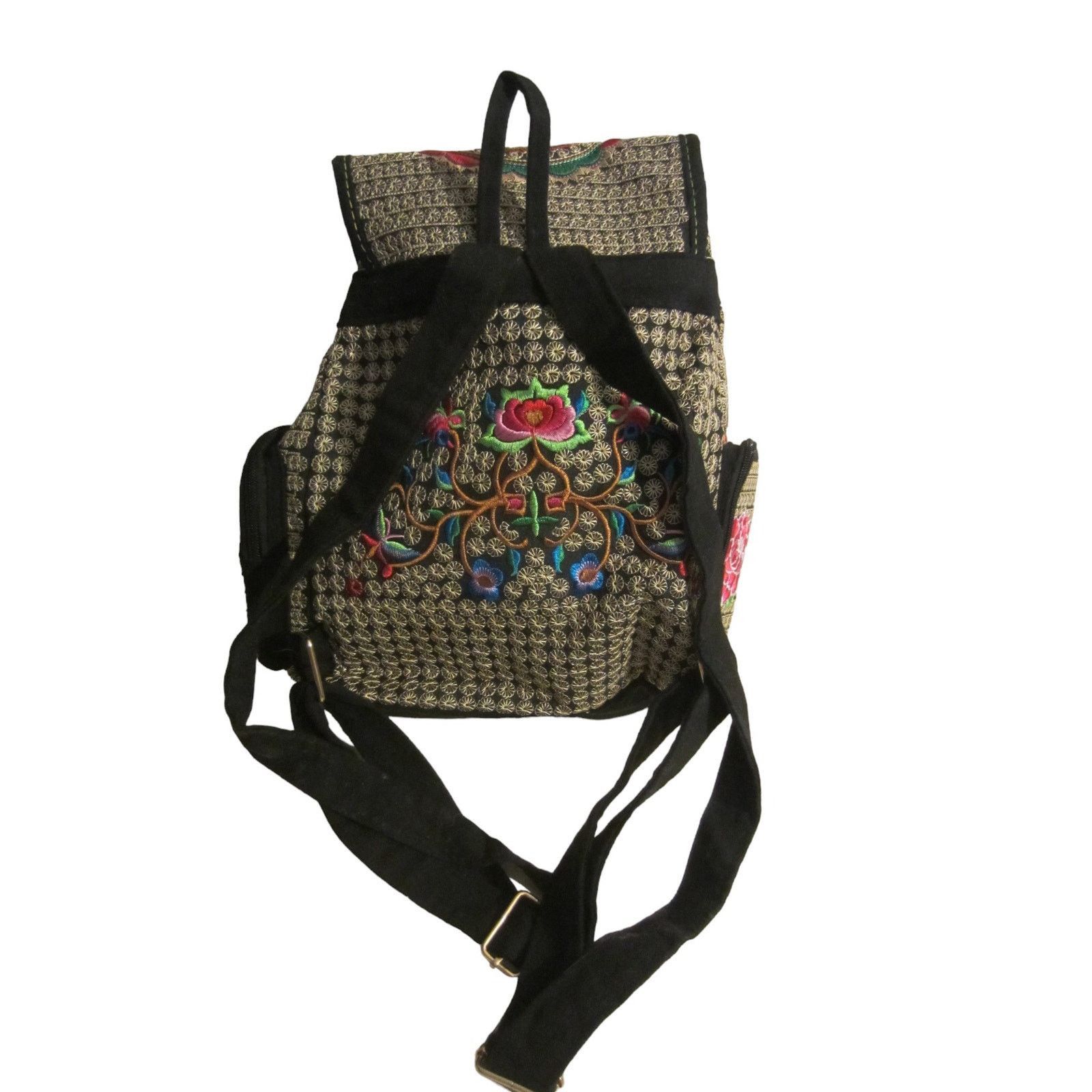 Vintage Boho Embroidered Floral Backpack Black Red Rose Folk Size ONE SIZE - 6 Thumbnail