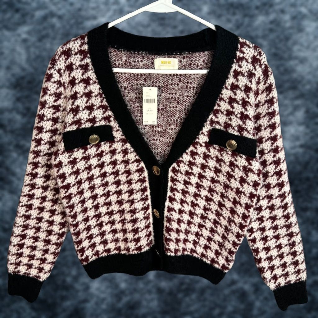 Vintage Maeve Cardigan Houndstooth Knit Sweater Burgundy White Black XXS Petite Womens NEW! Size XXS / US 00 / IT 34 - 1 Thumbnail