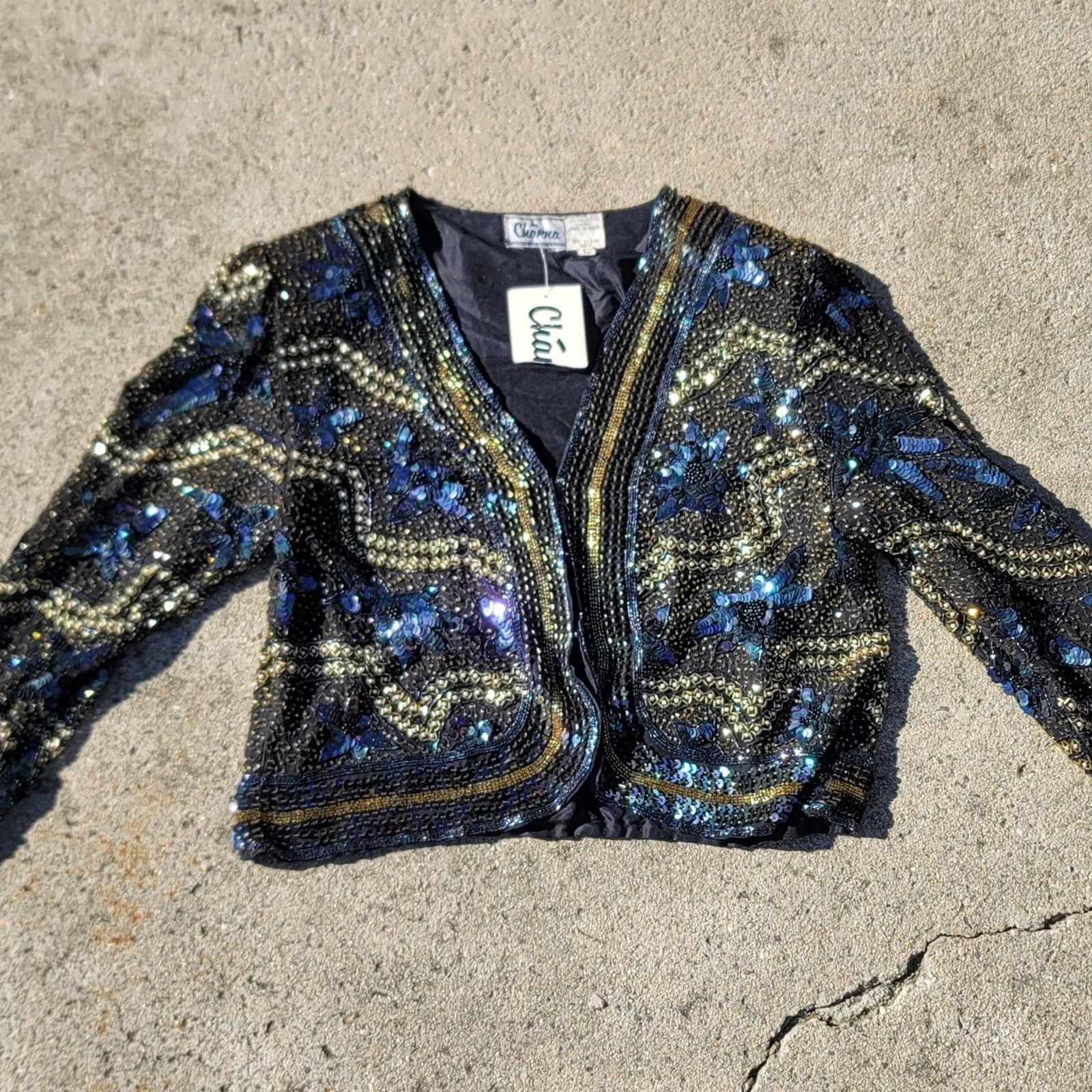 The Unbranded Brand Vtg 80s 90s Channa Silk Sequin Beaded Jacket Size L / US 10 / IT 46 - 1 Thumbnail