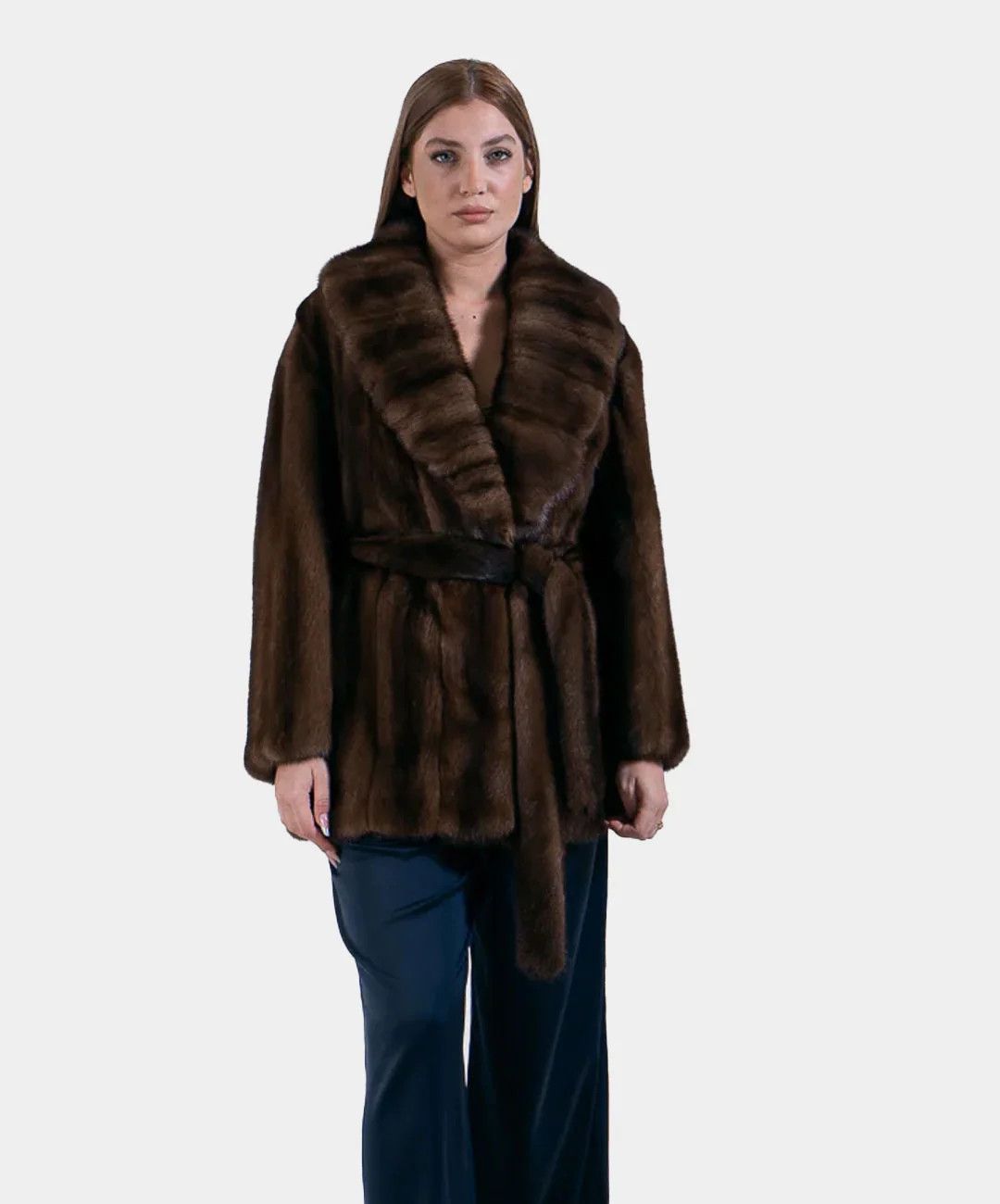 image of Mink Fur Coat Women's Shawl Collar Mink Robe in Brown