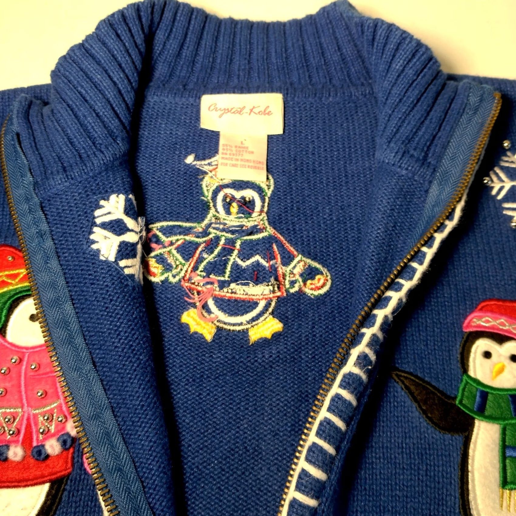 Vintage Crystal Kobe Cardigan Sweater L Blue Winter Snow Penguins Beaded Christmas Women Grade Regular Knit Mock Neck Long Sleeve Holiday Style Size L / US 10 / IT 46 - 6 Thumbnail