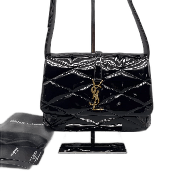 YVES Saint Laurent YSL Black Gold Patent Leather Shoulder Bag, Women's