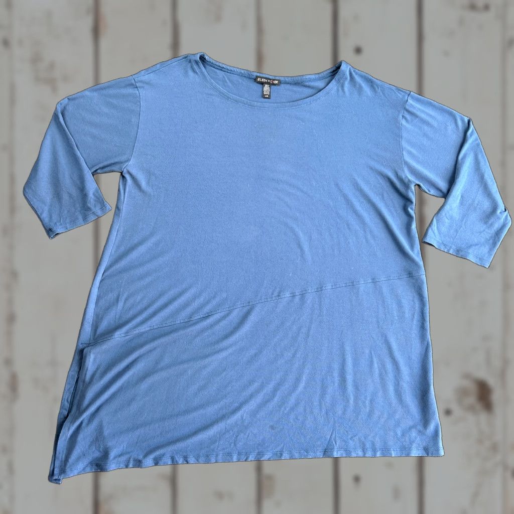 Eileen Fisher Eileen Fisher Top Shirt Asymmetric Slant Cut Ballet Neck L Tunic Blue Made USA Size L / US 10 / IT 46 - 1 Thumbnail