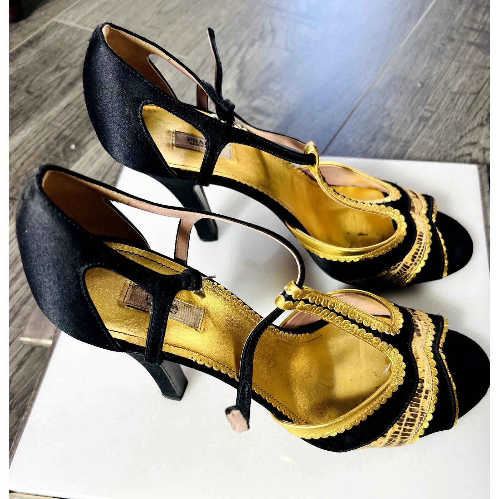 Prada Prada Sandals black satin gold python heels 40.5 10.5 Size US 10.5 / IT 40.5 - 4 Thumbnail