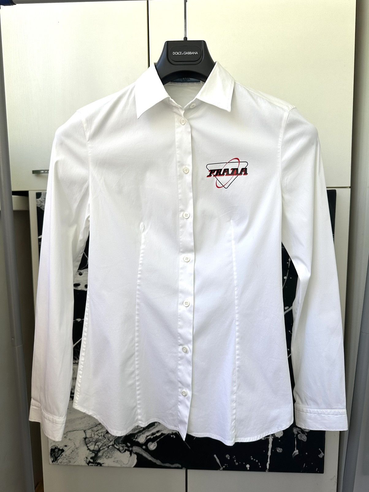 image of Prada Button Up Logo Shirt in White, Women's (Size Small)