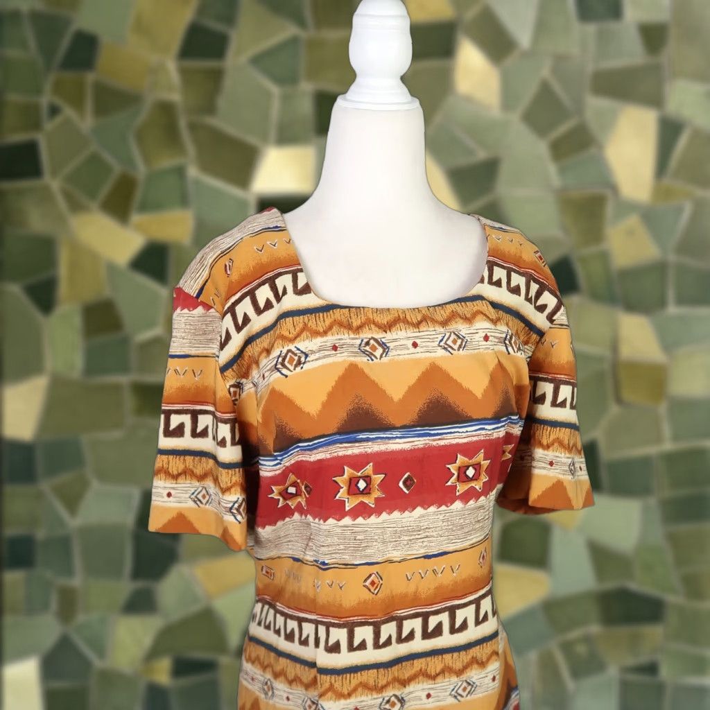Vintage VINTAGE Sag Harbor Sheath Dress 12 Women Tan Yellow Red Southwestern Geometric Print 90s Casual Knee Length Size XL / US 12-14 / IT 48-50 - 1 Thumbnail