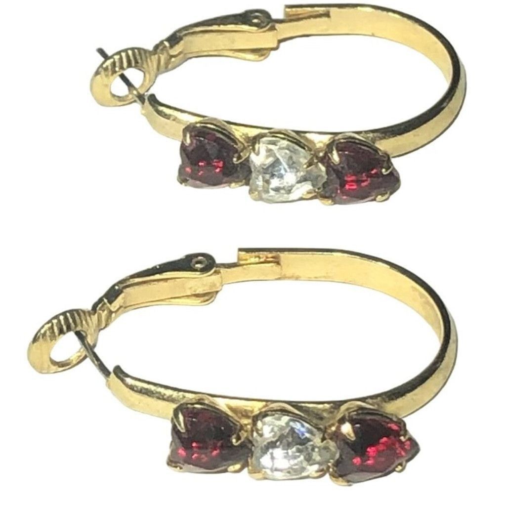 Vintage Hoop Earrings Three Heart-shaped Stones Latch Back Close Red Size ONE SIZE - 8 Thumbnail