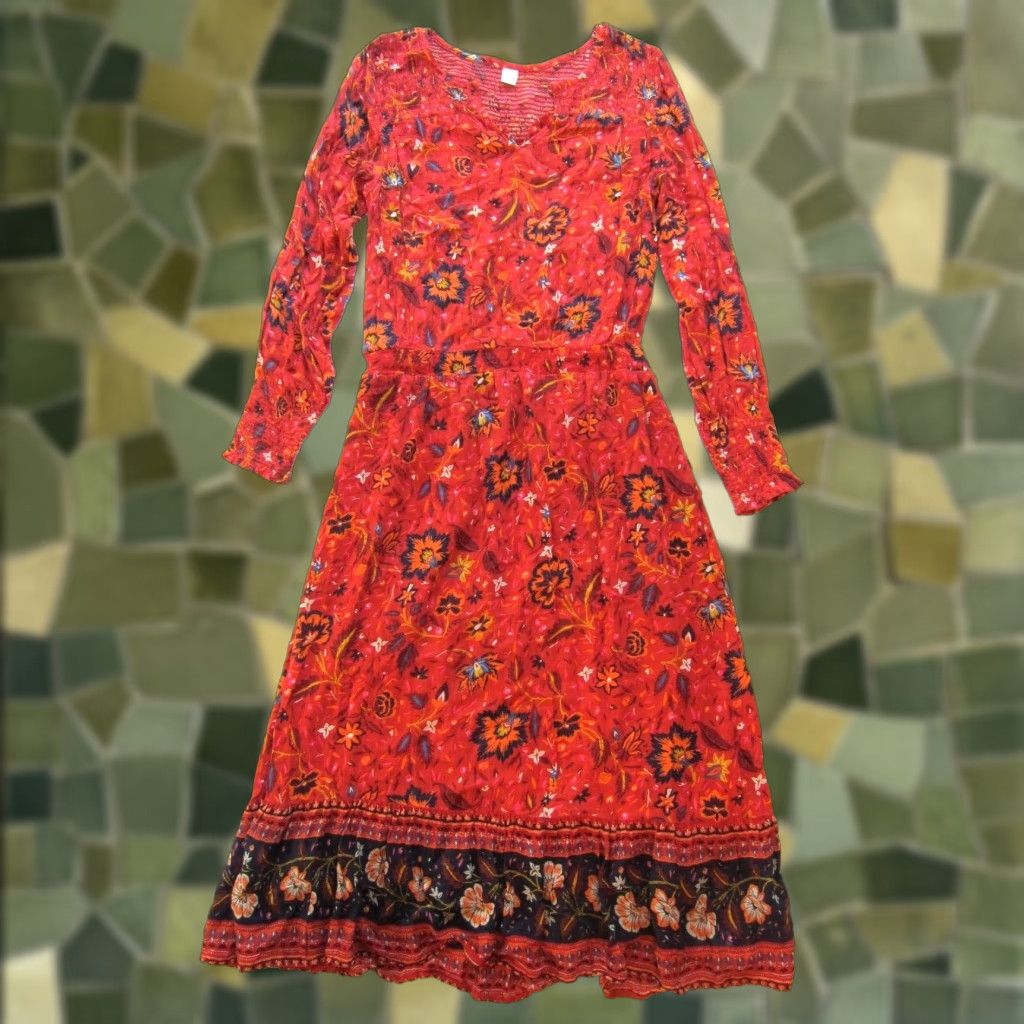 Old Navy Old Navy Maxi Dress Floral V-Neck Long Sleeve 100% Rayon Orange Blue Women Medium Size M / US 6-8 / IT 42-44 - 1 Thumbnail