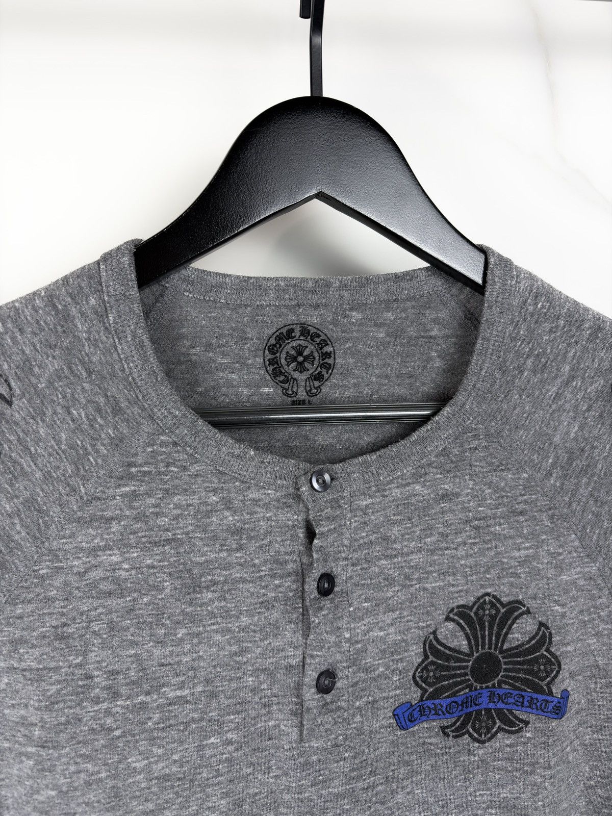 Chrome Hearts Chrome Hearts Vintage Plus Cross Button Henley Raglan Tshirt Size US L / EU 52-54 / 3 - 6 Thumbnail