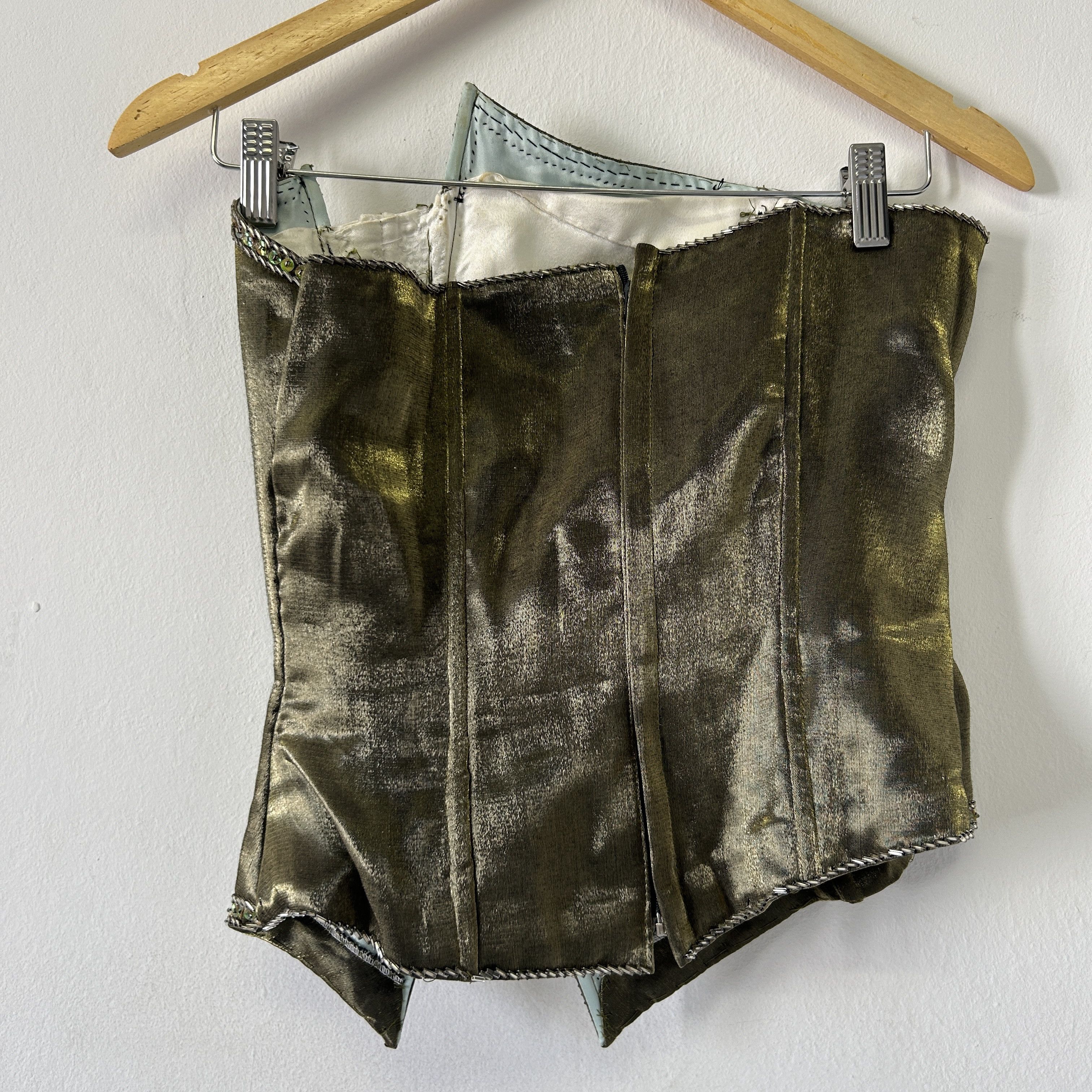Handmade Vintage 90s satin green beaded embroidered corset top Size S / US 4 / IT 40 - 9 Thumbnail