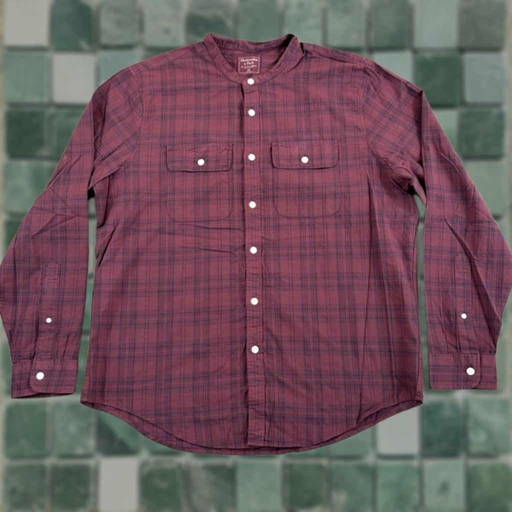 Abercrombie & Fitch Blade Mandarin Collar Shirt Burgundy Plaid 2XL Men Button-Up Casual Preppy Pocketed Vintage No
