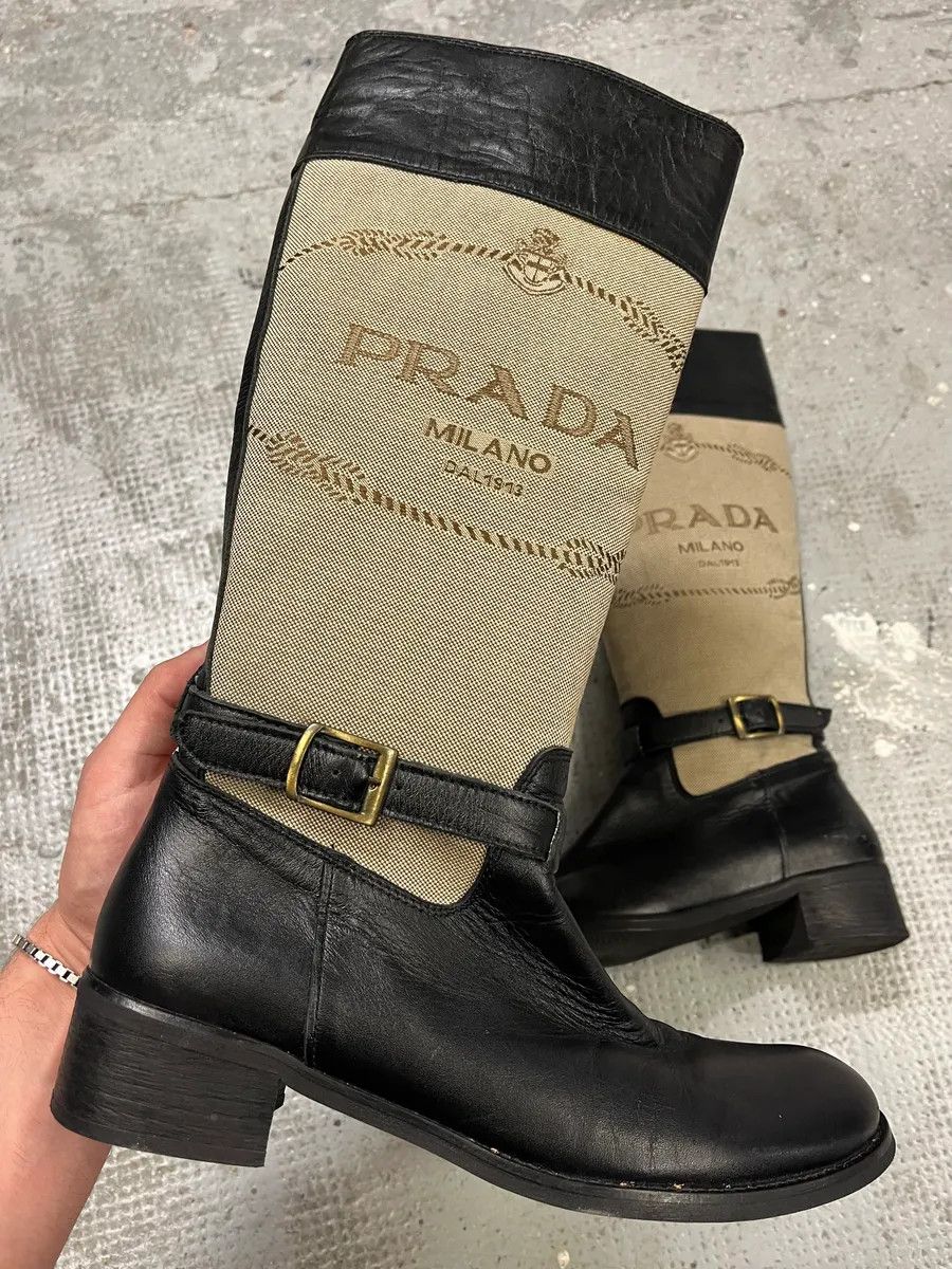 Prada Prada Beige Linen Black Leather Boots Size US 6 / IT 36 - 1 Thumbnail