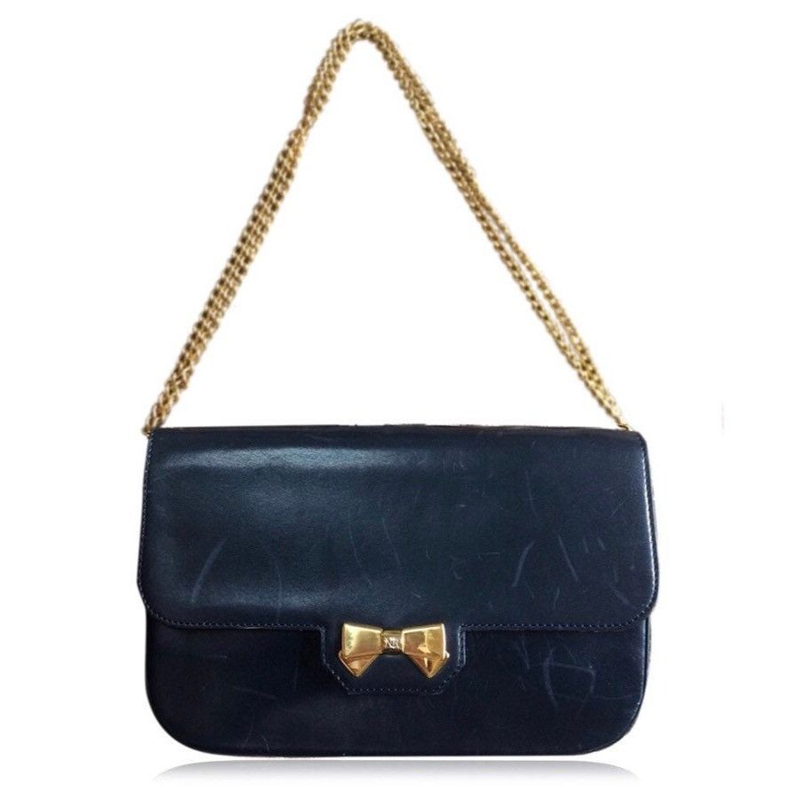 Vintage Nina Ricci navy leather clutch chain shoulder bag