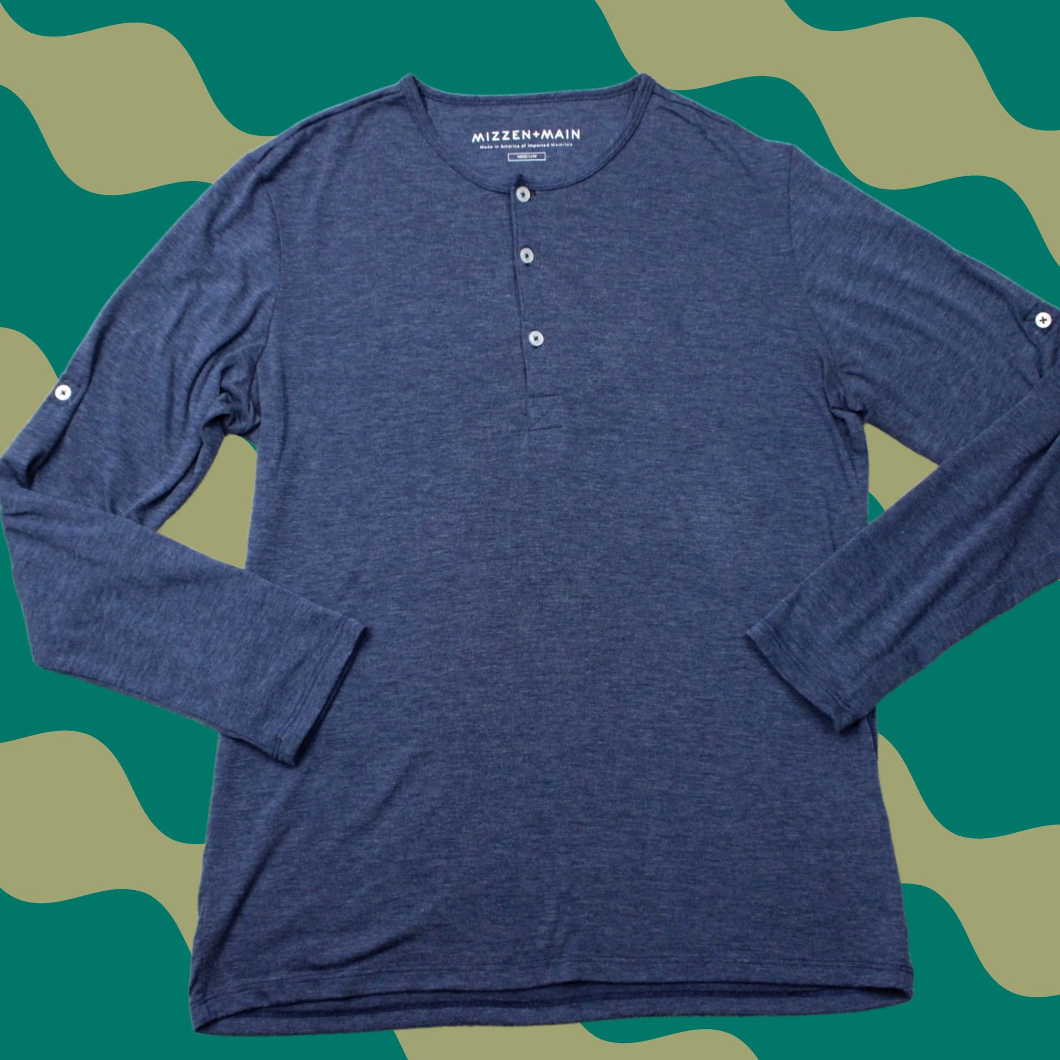 Mizzen+Main Mizzen+Main Shirt Mens Medium Blue Henley Roll Sleeve Stretch Long Sleeve Size US M / EU 48-50 / 2 - 1 Thumbnail