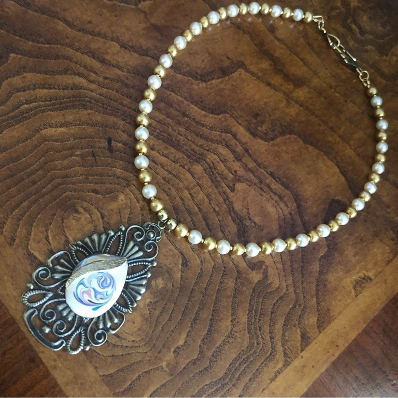 Handmade Handcrafted repurpose teardrop filigree Pearl necklace Size ONE SIZE - 10 Thumbnail