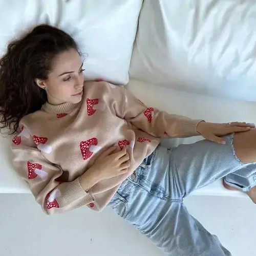Japanese Brand Women Mushroom Printed Sweater 2023 Autumn Size ONE SIZE - 4 Thumbnail