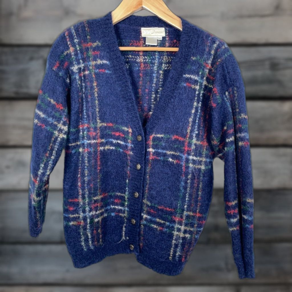 Vintage VINTAGE ID Distinction Cardigan Sweater Dark Blue Check Mohair Blend Women's Medium 90s Retro Knit Shoulder Pads Button Front Knitwear Size M / US 6-8 / IT 42-44 - 1 Thumbnail