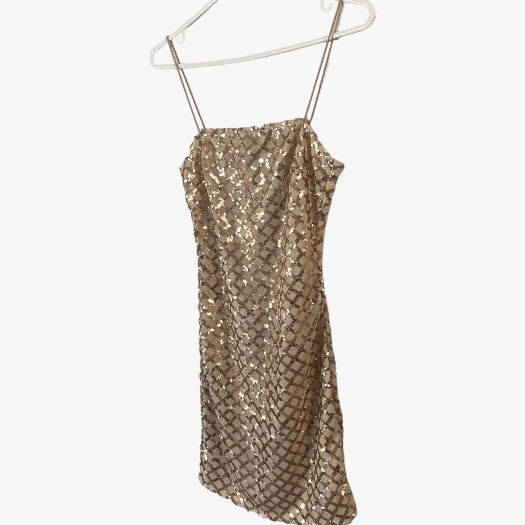 PrettyLittleThing VINTAGE Pretty Little Thing Rose Gold Strappy Sequin Dress Bodycon Straight Womens O Size XS / US 0-2 / IT 36-38 - 2 Thumbnail