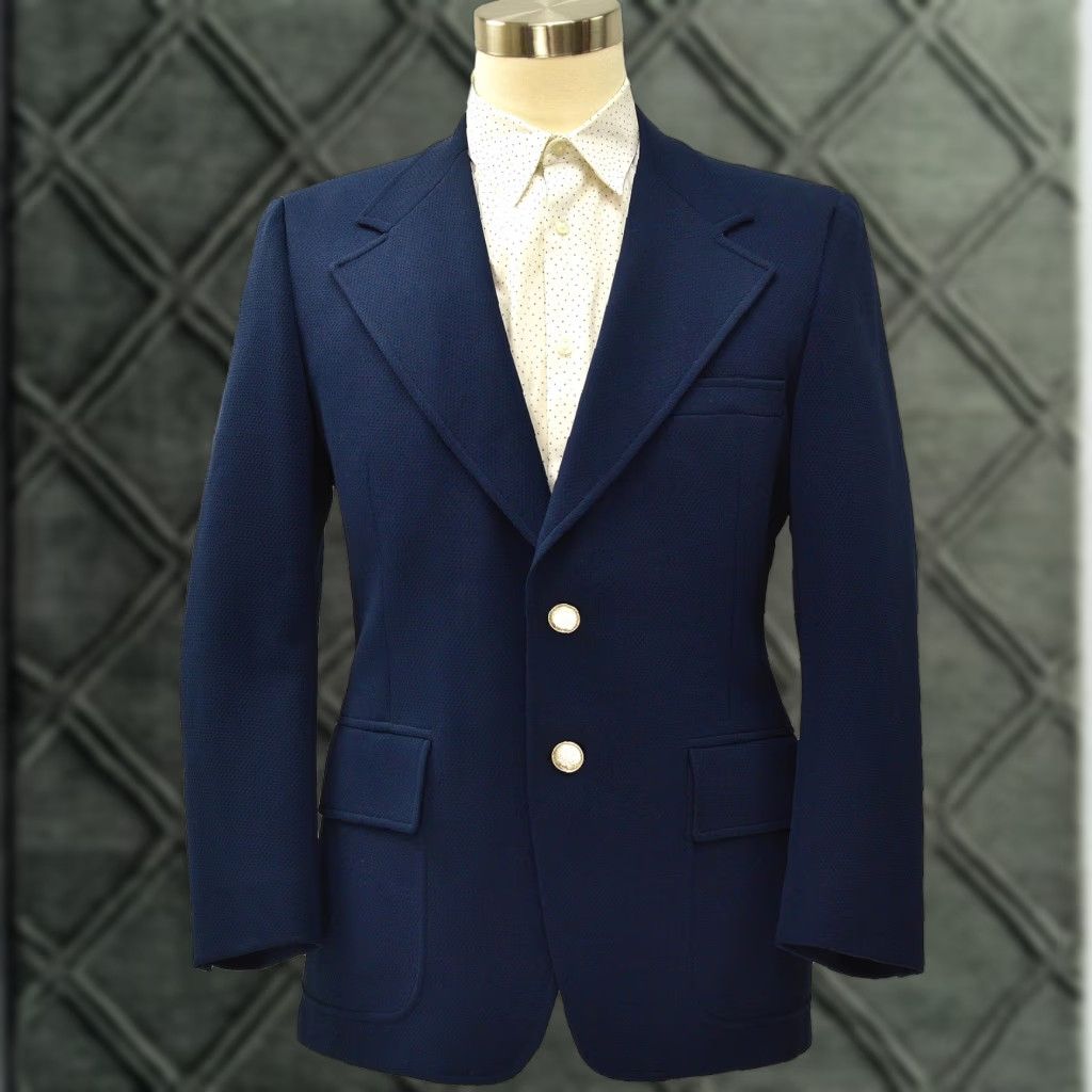 70s Vintage NFL by Curlee Blazer Textured Navy Blue Double Knit Polyester 2-Button Front 40R