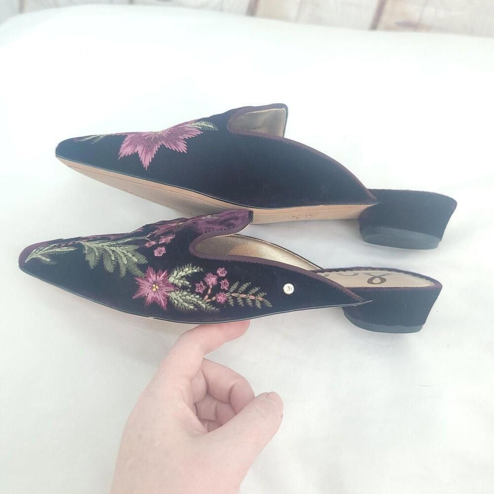 Designer Sam Edelman Black Pink Floral Bordeaux Velvet Size 7 Mules Size US 7 / IT 37 - 7 Thumbnail