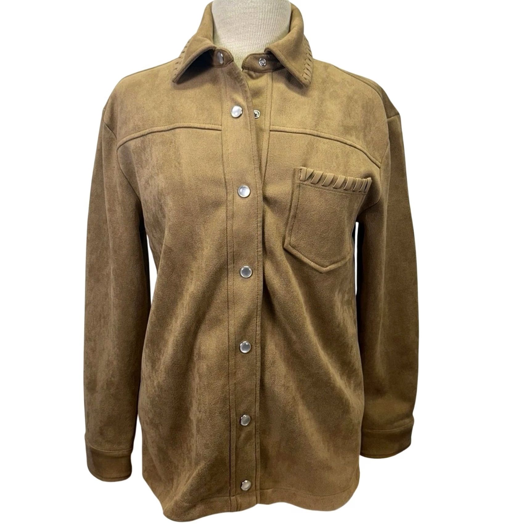 Vintage Bagatelle Shacket Western Shirt XS Long Sleeve Snap Front Faux Suede Tan Brown Women Quarter Whipstitch Button-Up Shacket Modern Basic Size XS / US 0-2 / IT 36-38 - 3 Thumbnail