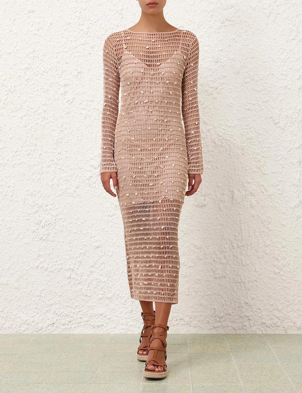 Zimmermann oc11z0226 Wylie Shell Crochet Midi Dress In Beige Size L / US 10 / IT 46 - 2 Thumbnail
