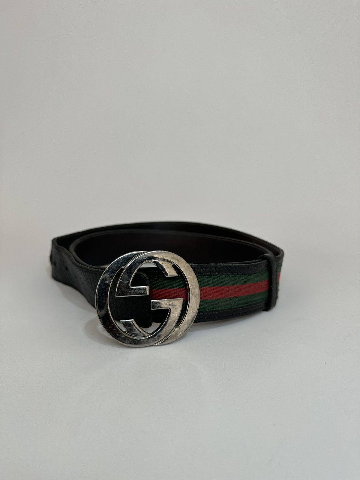 Gucci Gucci Interlocking GG Buckle Green And Red Web Canvas Belt. Size 44 - 2 Thumbnail