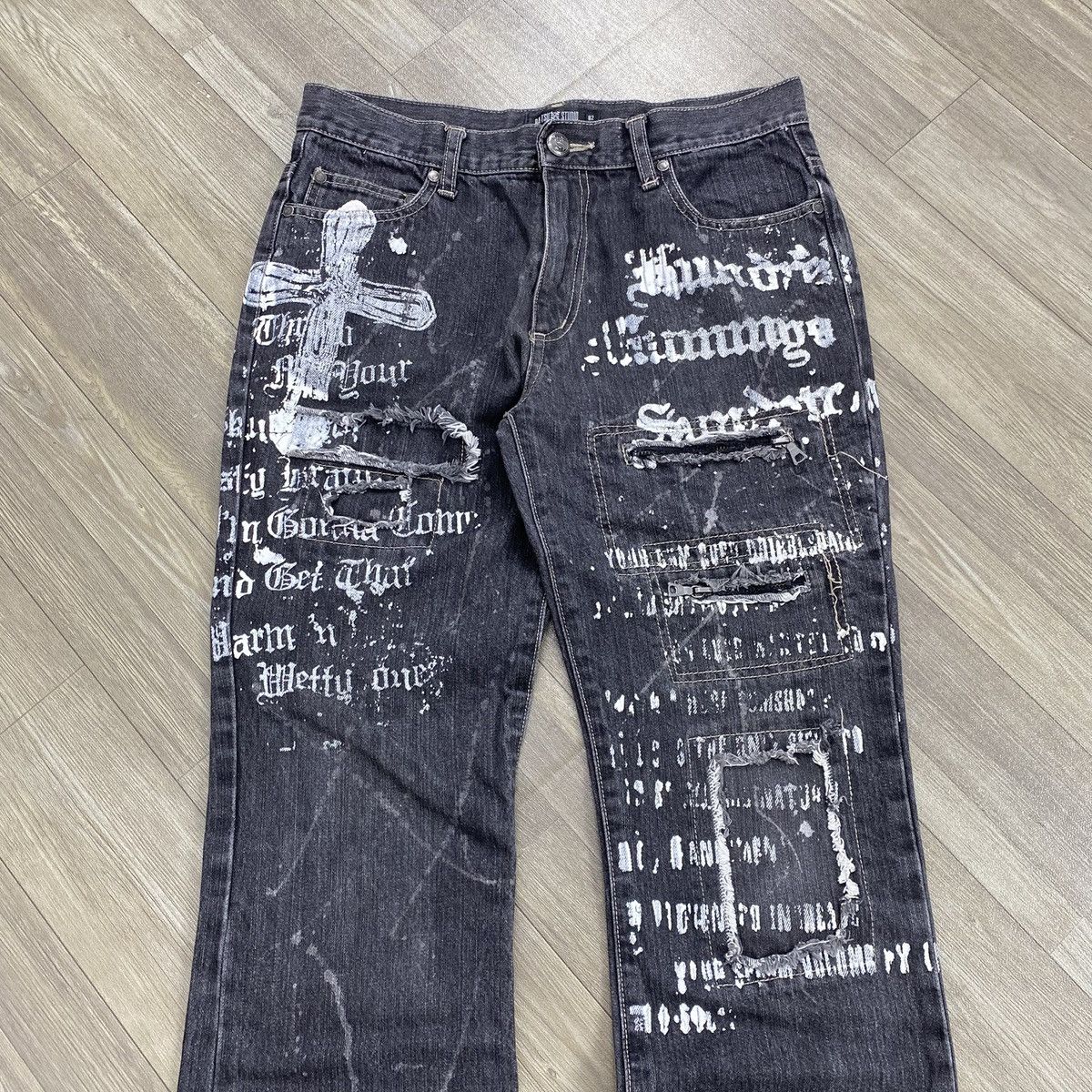 Other 2000s Ba-tsu Studio Distressed Cross Punk Flared Jeans Size US 30 / EU 46 - 2 Thumbnail