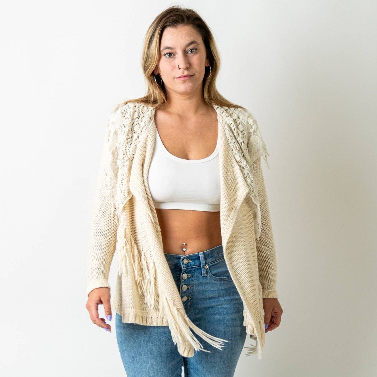 Designer Double Zero Crochet Tassel Knit Lace Sweater Cardigan Size S / US 4 / IT 40 - 4 Thumbnail