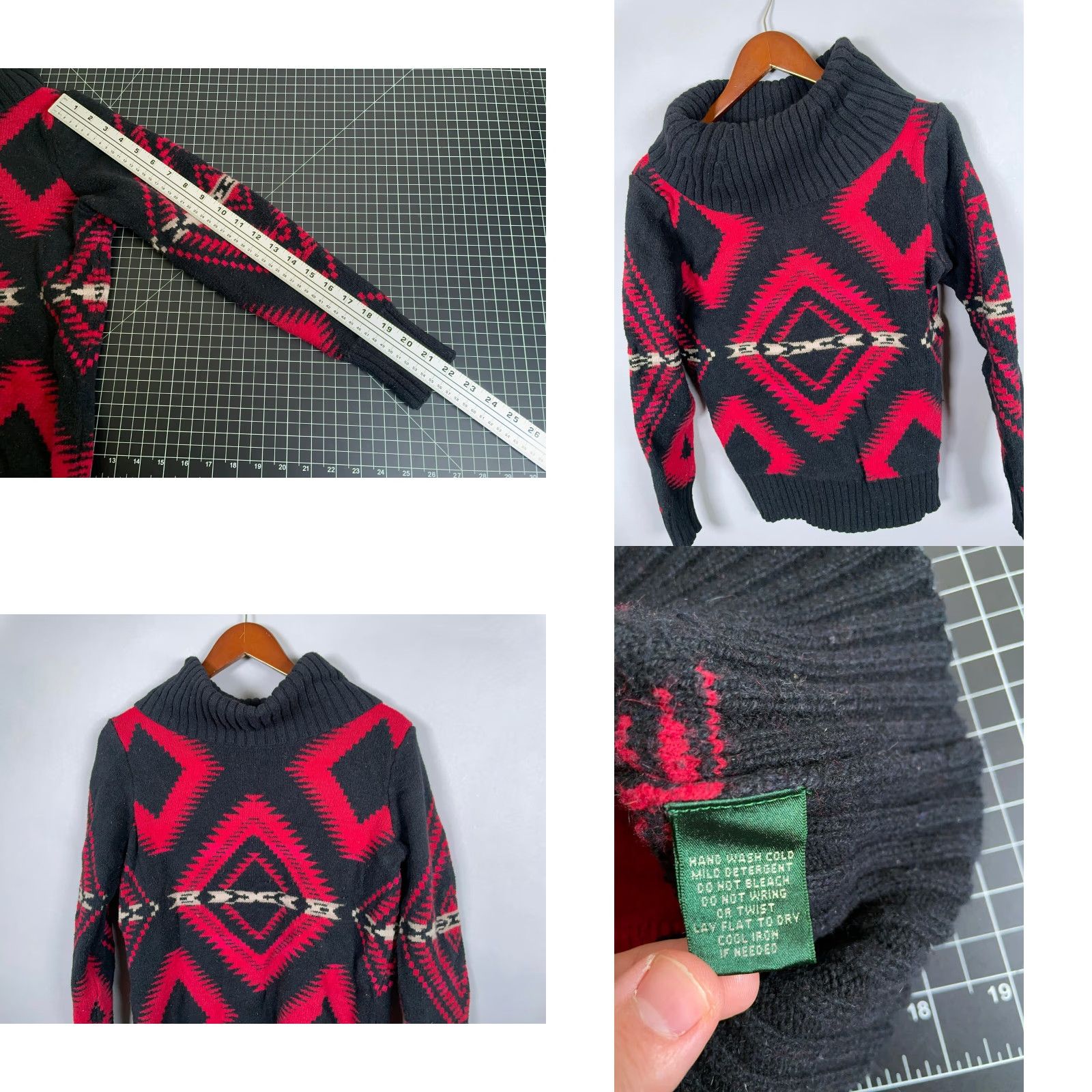 Ralph Lauren VINTAGE Lauren Ralph Lauren Fall Winter Sweater Women's Medium Red Black Aztec Geometric Turtleneck Pullover Bohemian 90s Size M / US 6-8 / IT 42-44 - 8 Thumbnail