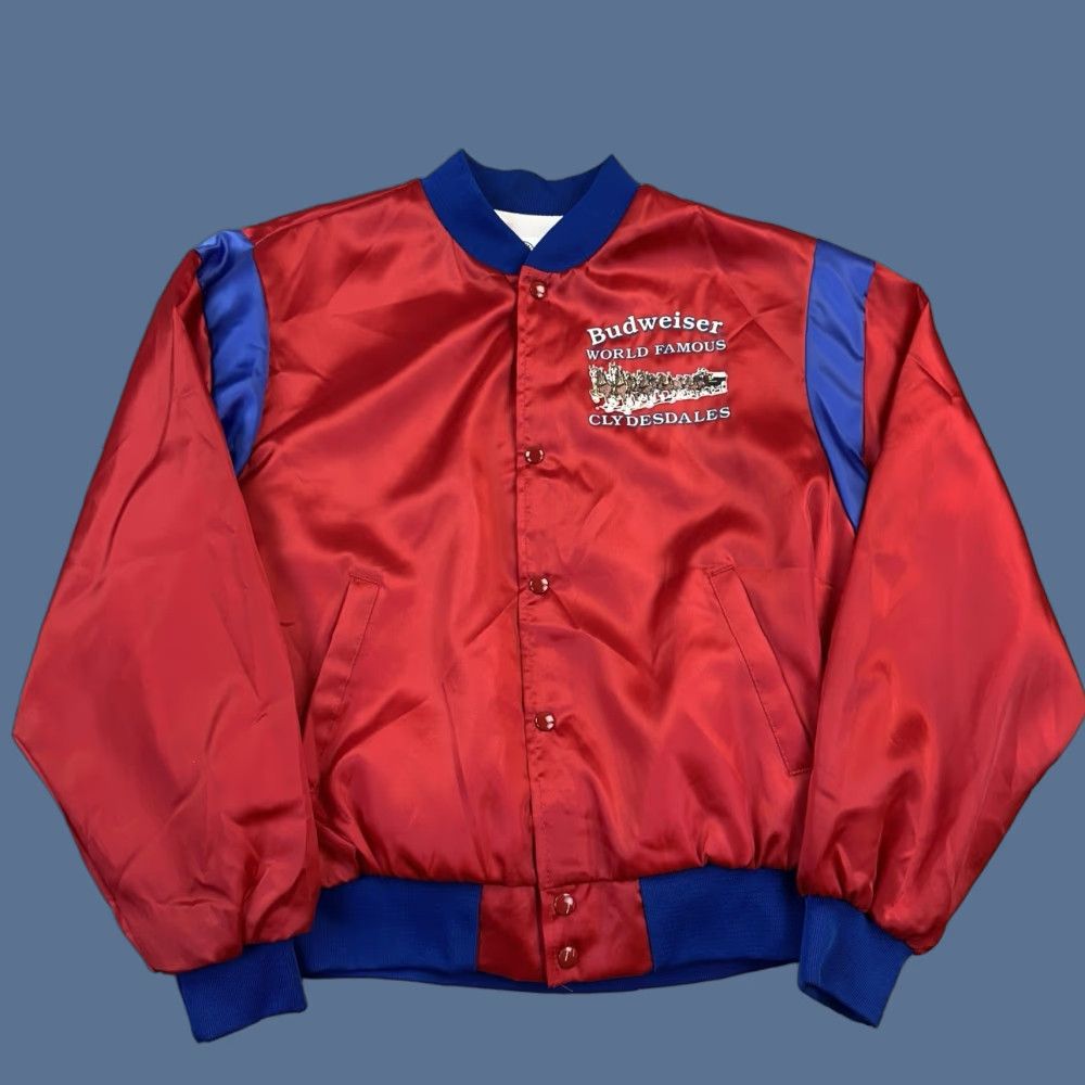 Budweiser VINTAGE Budweiser Jacket Mens XL Satin Bomber World Famous Clydesdales Deadstock Red Nylon Satin Lined Logo 80s 90s USA Clothing Mens XL Bomber Jacket Size US XL / EU 56 / 4 - 1 Thumbnail