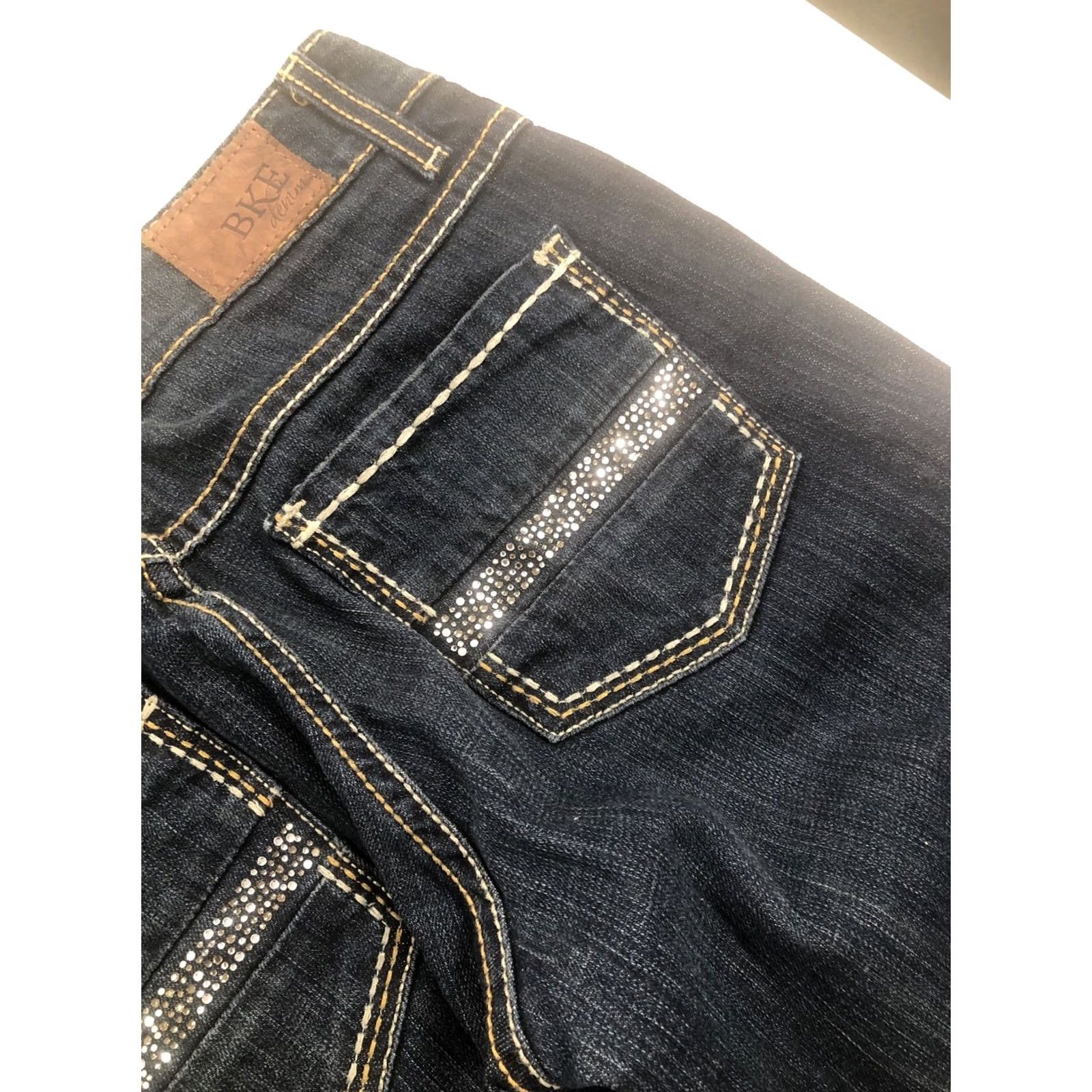 Vintage BKE Culture 9" rise Boot Cut Jeans 30 X 31.5 Dark Blue Bling Stitch Denim Spandex Cotton Tencel Bemberg Buckle Women Regular Size 30 Inseam 31.5 Size 30" / US 8 / IT 44 - 2 Thumbnail