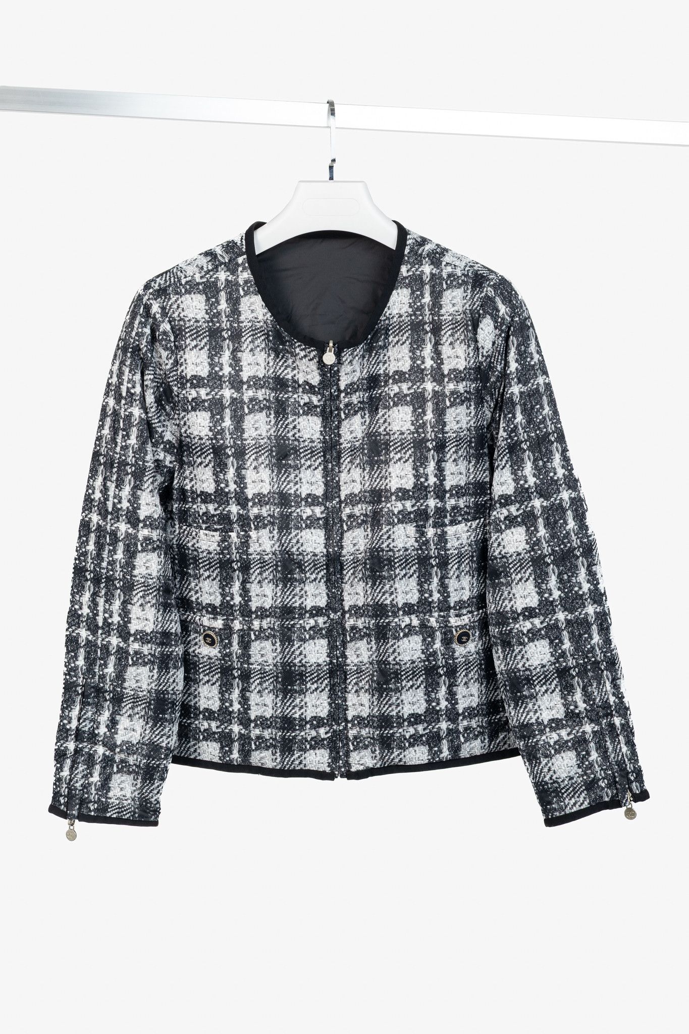 Chanel Reversible Grey Tweed-Printed & Black Nylon Jacket