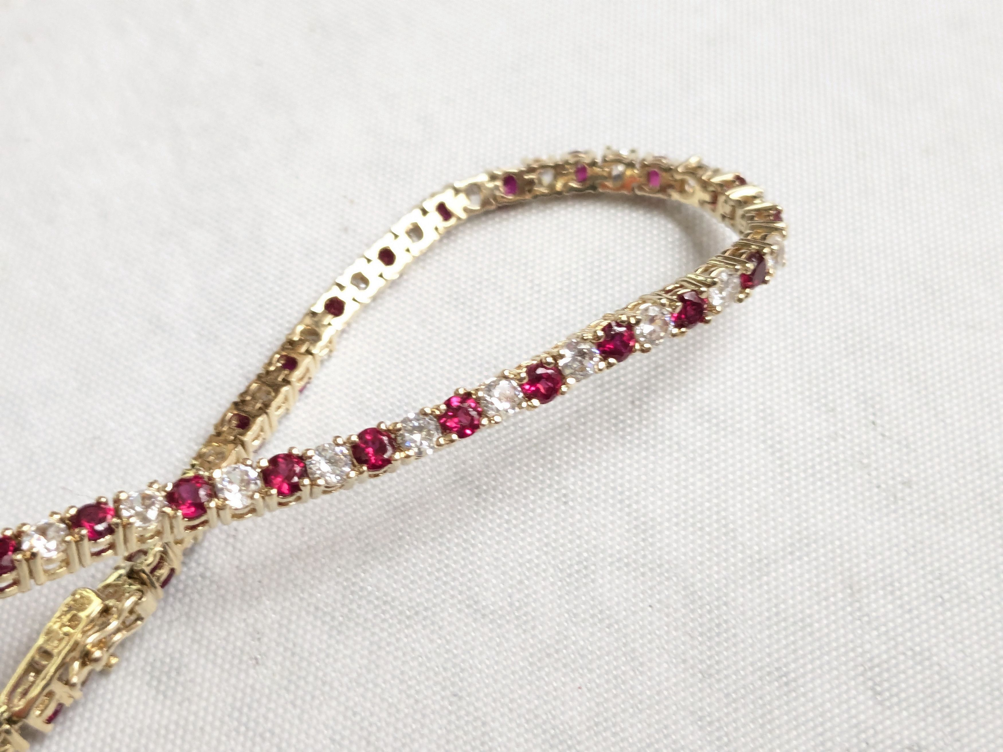 Jewelry Sterling Silver Tennis Bracelet Ruby CZ 7" Gold Plated Size ONE SIZE - 6 Thumbnail