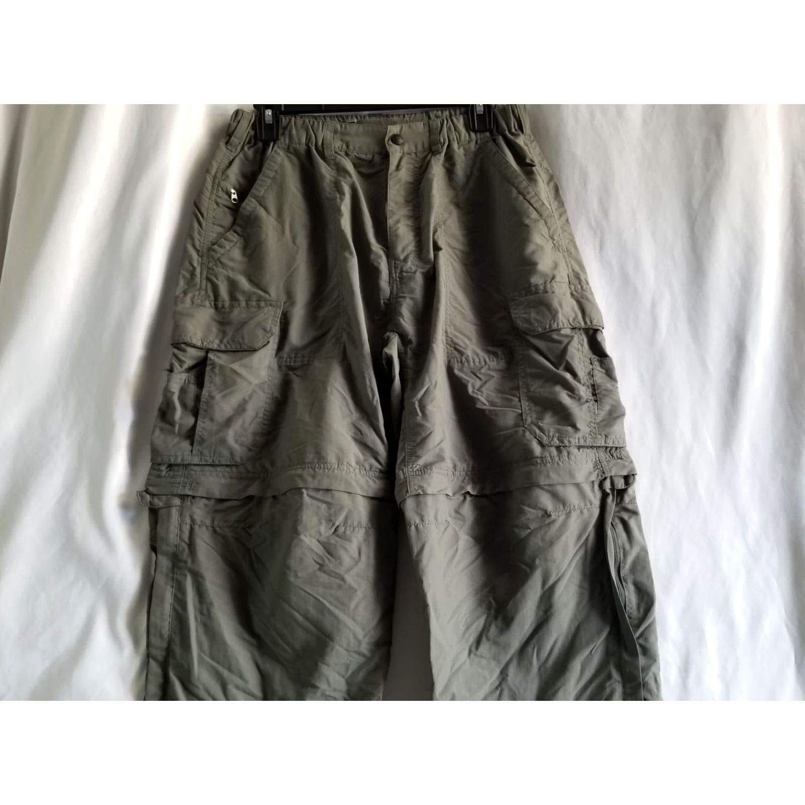 Vintage REI Coop Convertible Pants Mens Medium Gray Nylon Flex Waist Cargo Flat Front Breathable Lightweight Inseam 32in Belt Loops Pockets Olive Gray Size US 31 - 3 Thumbnail
