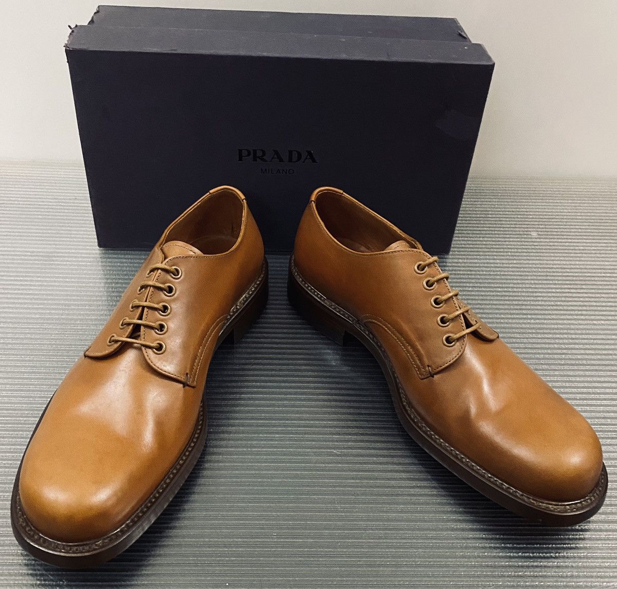 Prada Prada 🇮🇹 cognac cordovan leather triple sole derby 12 NEW Size US 12 / EU 45 - 8 Thumbnail