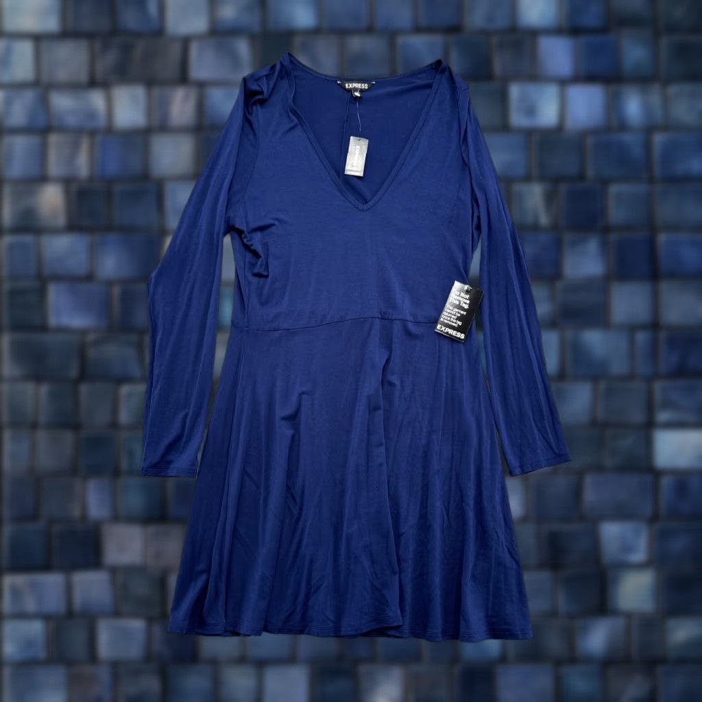 Express Express Shirt Dress Women’s Long Sleeve Navy Blue V Neck Size L NEW Size L / US 10 / IT 46 - 1 Thumbnail