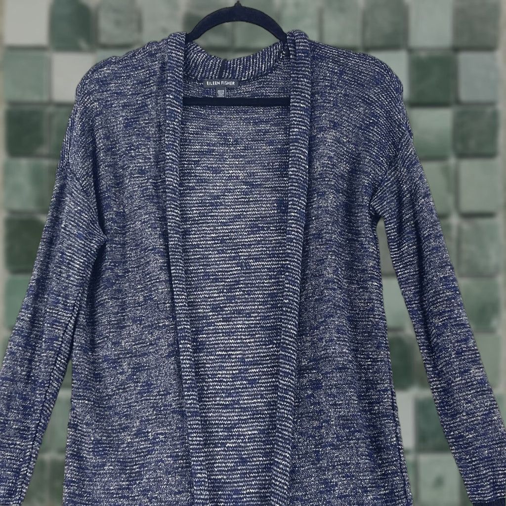 Eileen Fisher Eileen Fisher Cardigan Sweater Womens Small Blue Linen Blend Knit Open Front Raglan Sleeve V-Neck Size S / US 4 / IT 40 - 1 Thumbnail
