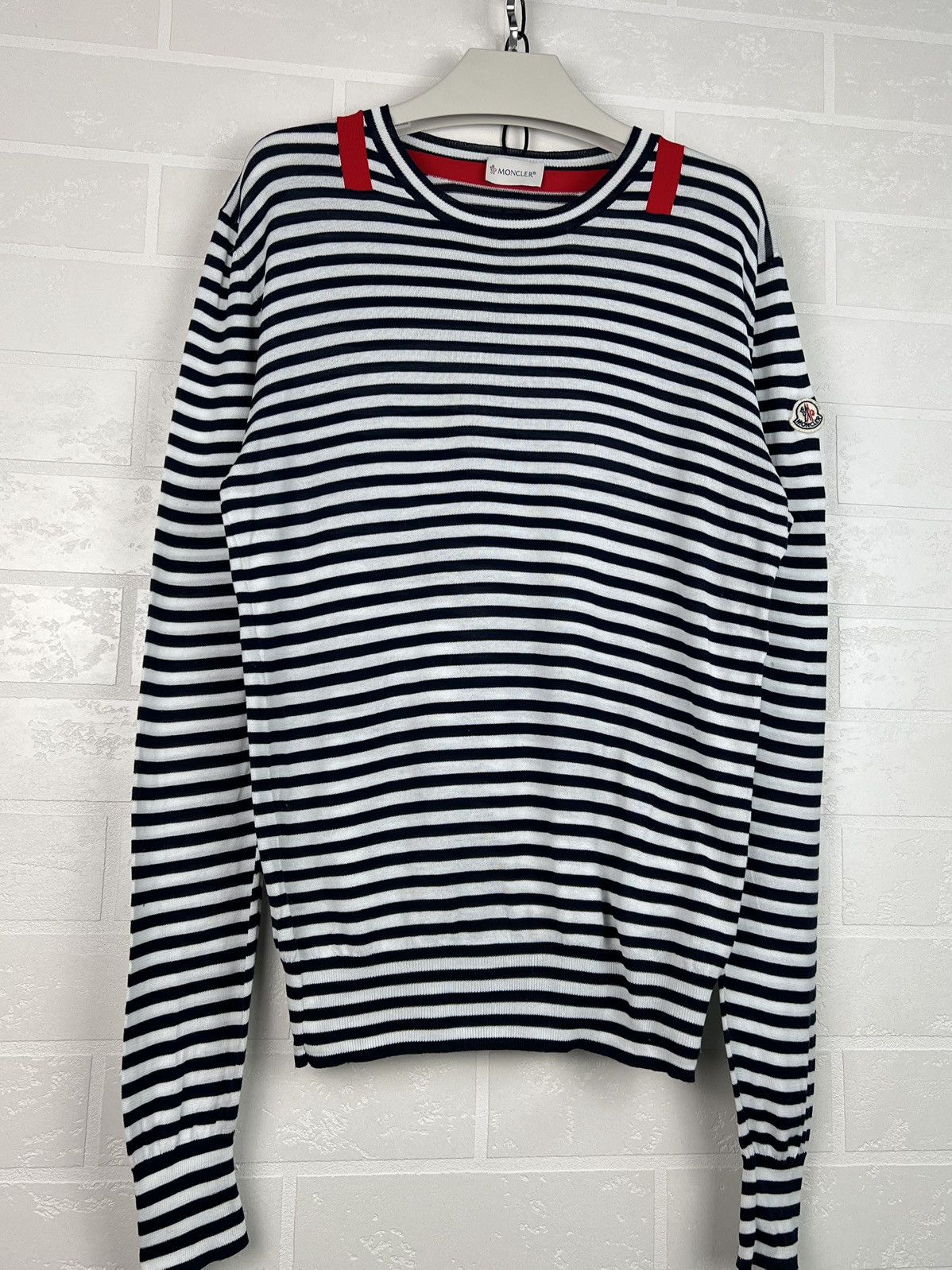 Moncler MONCLER Sweater Light Jumper Striped Cotton Patch Logo Men's Size US S / EU 44-46 / 1 - 8 Thumbnail