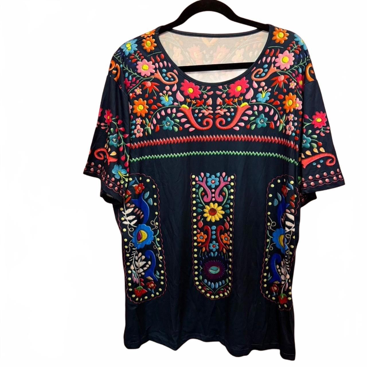 Designer Vibrant Floral Embroidered Patterned Tunic Blouse Size M / US 6-8 / IT 42-44 - 3 Thumbnail