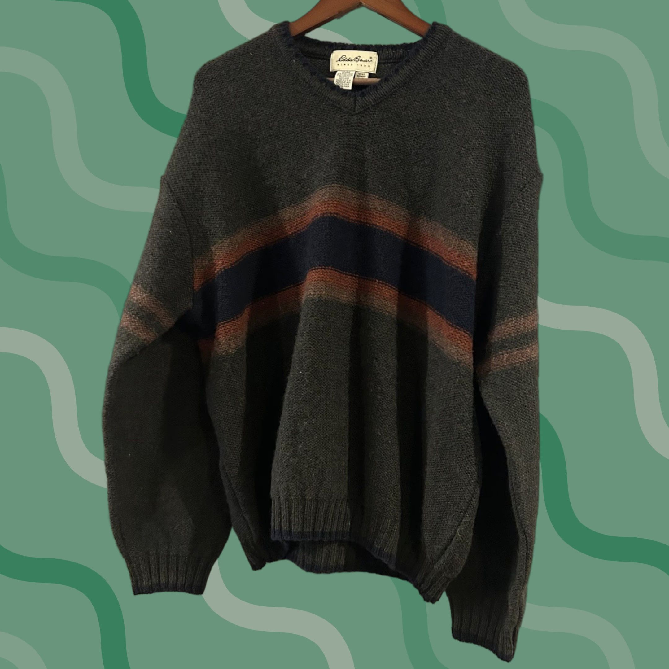 Eddie Bauer VINTAGE Eddie Bauer Sweater Mens L Wool Blend Green W/ Stripe Thick Knit USA Made Pullover Knit Long Sleeve V-Neck Mens Size US L / EU 52-54 / 3 - 1 Thumbnail